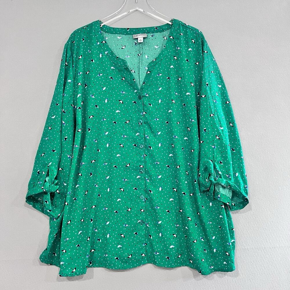 Catherine’s Shirt Plus Size 4X Green Umbrella Print Button Up Novelty Blouse